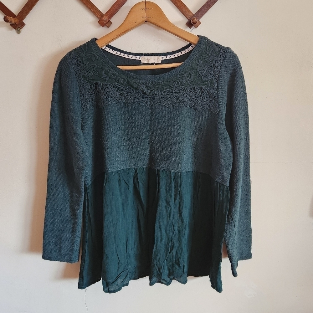 Altard State Long Sleeve Top Baby Doll Green Large Lace L